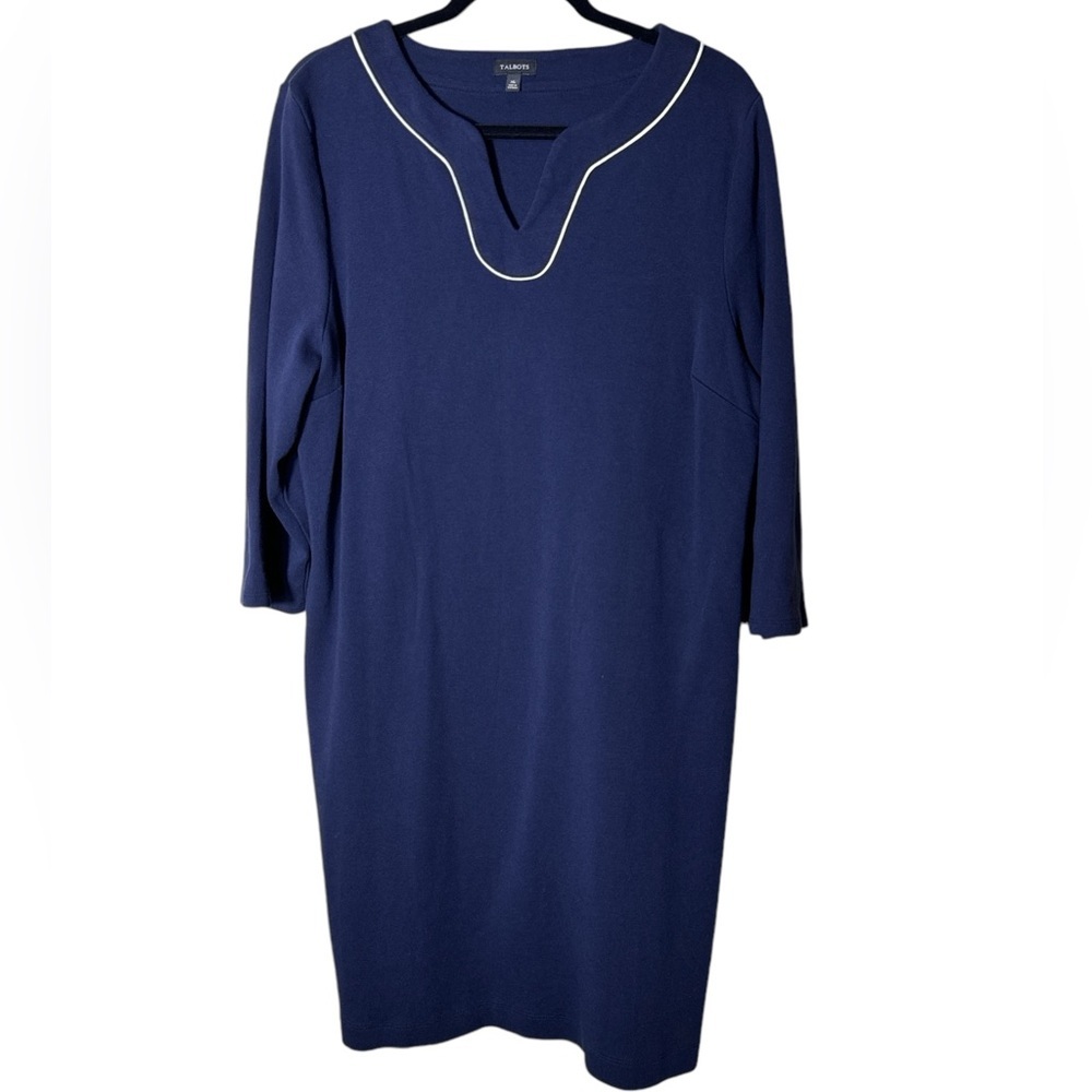 Talbots Dress XL Large Navy Blue Cream Trim Cotton 3/4 sleeves Casual Dress - Picture 2 of 8